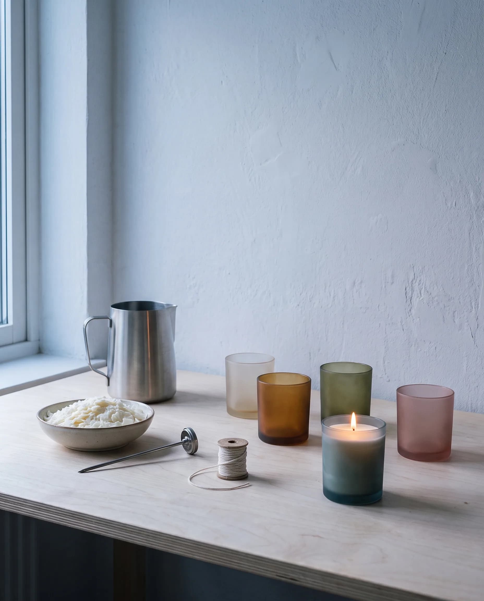 The pouring workbench: a steel pitcher, a thermometer, a spool of cotton wick and a row of empty frosted glass tumblers in cool window light.