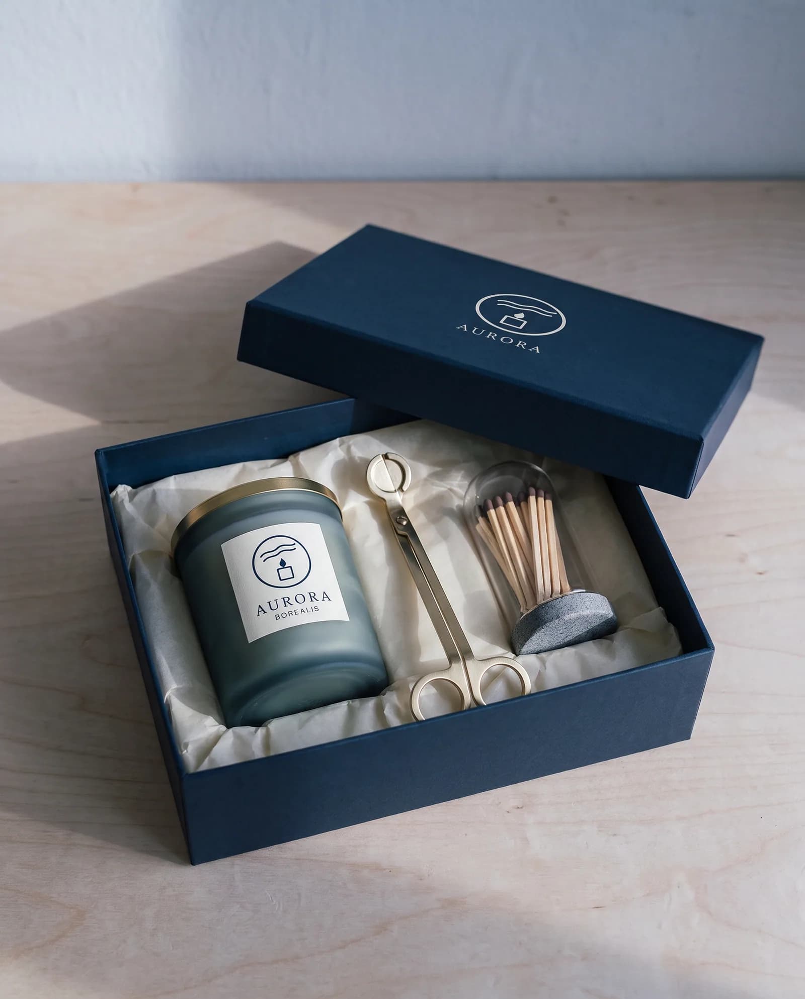 Winter Gift Set — Borealis Candle, wick trimmer and match cloche · boxed